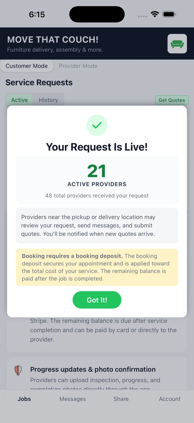 A live customer request in the MOVE THAT COUCH! app